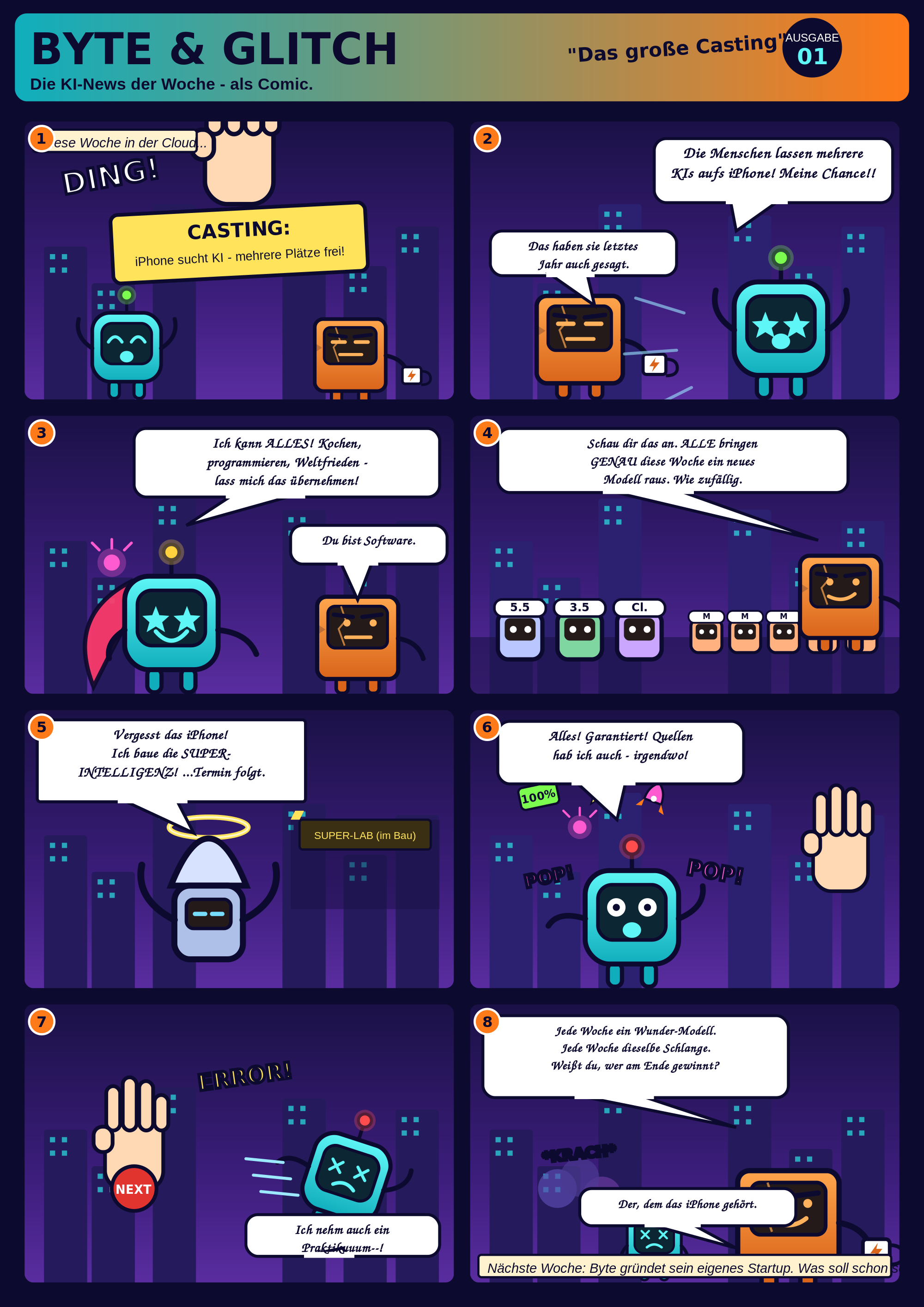 BYTE & GLITCH #001 – Das große Casting, 8-Panel-Comicseite