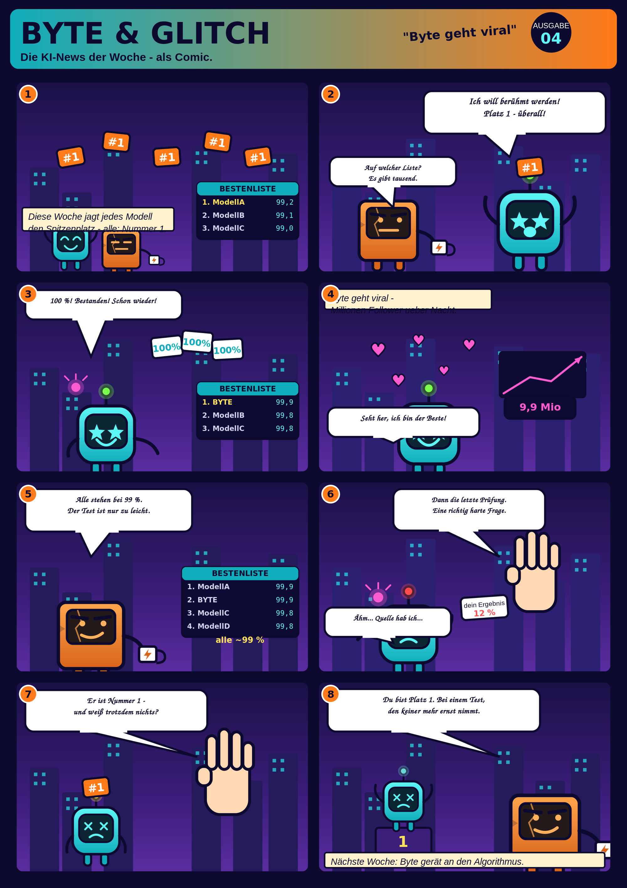 BYTE & GLITCH #004 – Byte geht viral: Byte klettert auf jede Bestenliste, komplette Comicseite